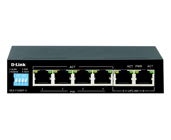6-Port 10/100 Long Range PoE+ Surveillance Switch DES-F1006P-E